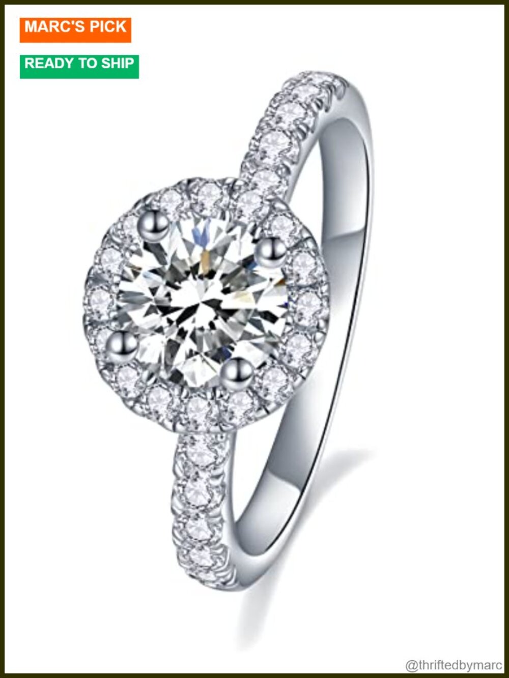 Moissanite Solitaire Engagement Ring Sterling Silver 18K White Gold Plated Halo
